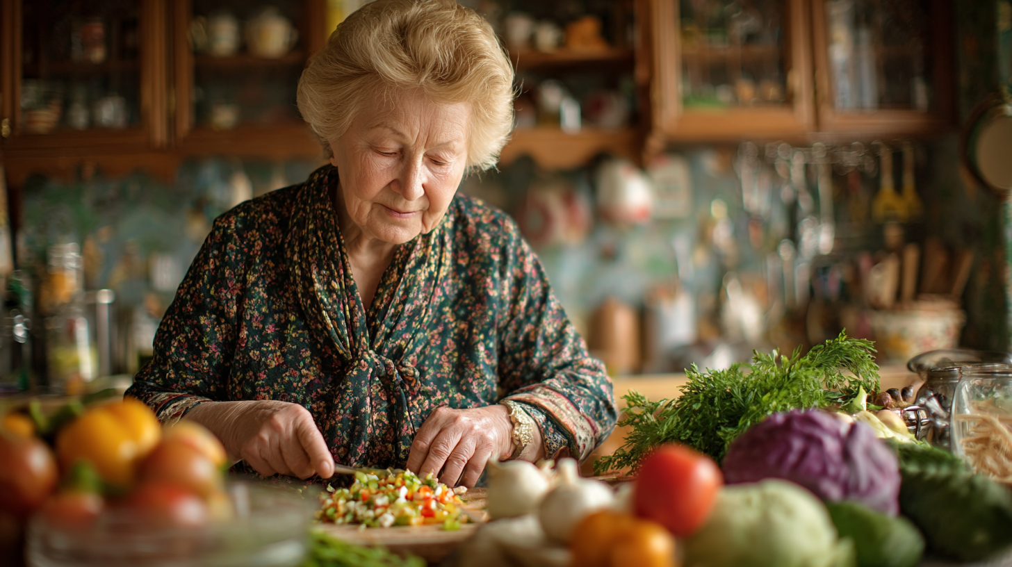 Щаслива літня пара готує здорову їжу на кухні